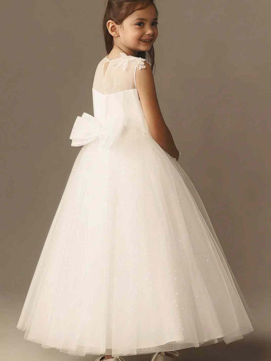 Elegant A Line Illusion Round Sleeveless Keyhole Back Floor Length Flower Girl Dress