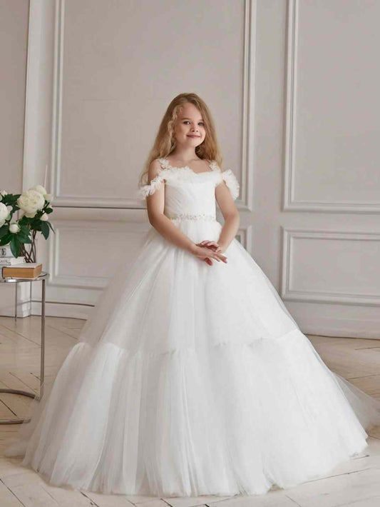 Elegant Ball Gown Off Shoulder Ruffle Sleeve Lace Up Back Floor Length Flower Girl Dress