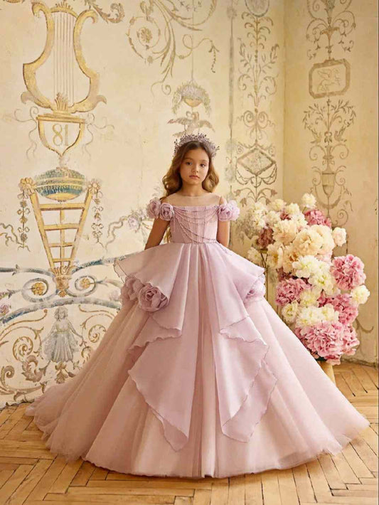 Romantic Ballgown Off Shoulder Short Sleeve Open Back Train Pageant Flower Girl Dress