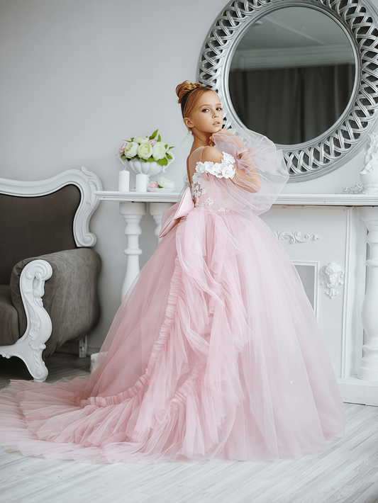 Blush Pink Off Shoulder Flower Girl Dress, Tulle Puffy Ball Gown With Big Bow, Kids Princess Pageant Dress With Train
