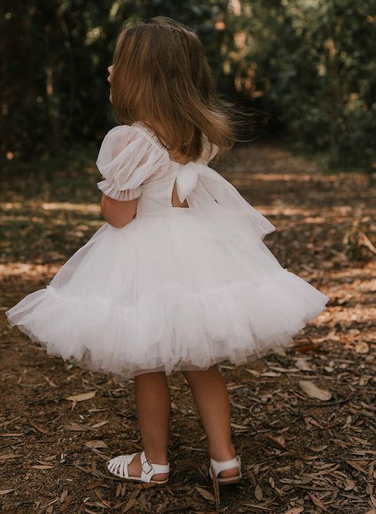 Elegant A?Line Square Neck Puff Sleeve Bow Back Knee?Length Flower Girl dress