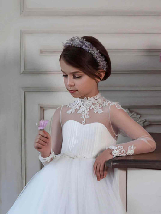 Luxury Ballgown High Neck Illusion Long Sleeve Lace Open Back Floor Length Girl First Communion Dress