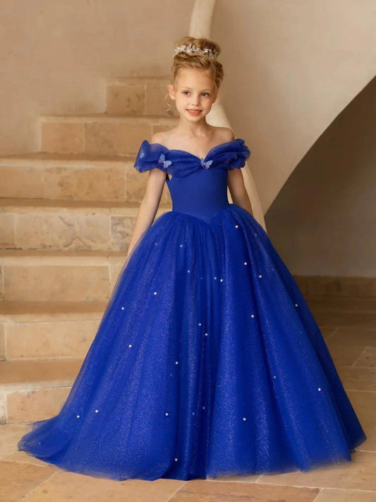 Glamorous A?Line Off?Shoulder Puff?Sleeve Open?Back Train?Length Pageant Girl dress