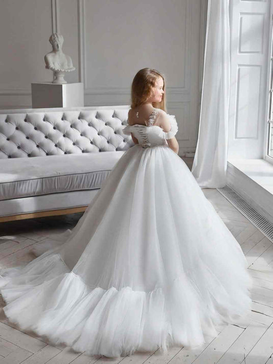 Elegant Ball Gown Off Shoulder Ruffle Sleeve Lace Up Back Floor Length Flower Girl Dress