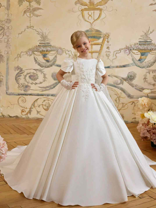Luxury Ballgown Round Neck Puff Sleeve Button Back Train Flower Girl Dress