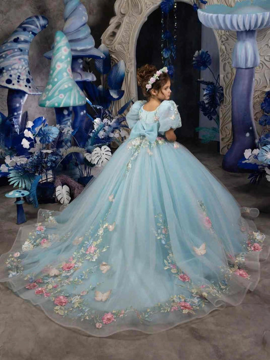 Luxury Ball Gown Square Neck Puff Sleeve Bow Back Train Length Pageant Dress
