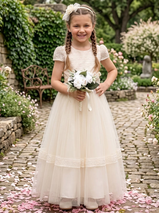 Vintage Lace Short Sleeve A Line Round Neck Tiered Tulle Flower Girl Dress Wedding