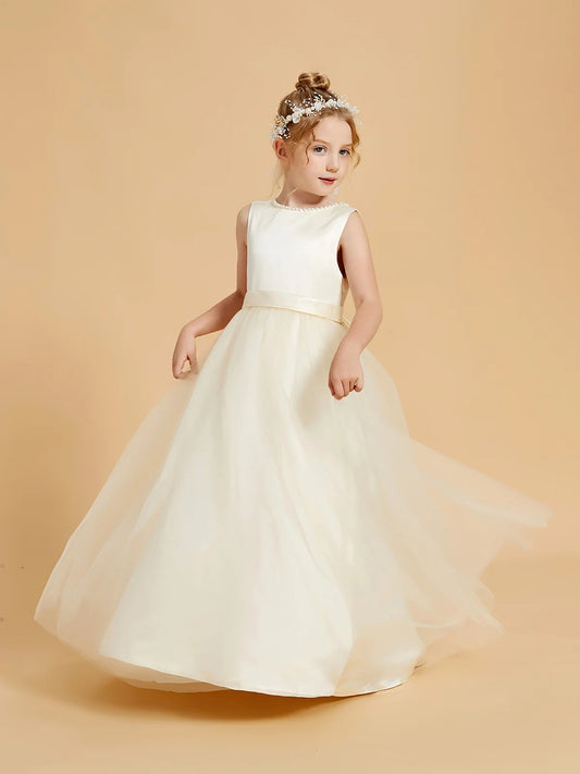 Heowos ivory flower girl dress with pearl-trimmed round neckline, sleeveless satin bodice and floor-length tulle skirt.