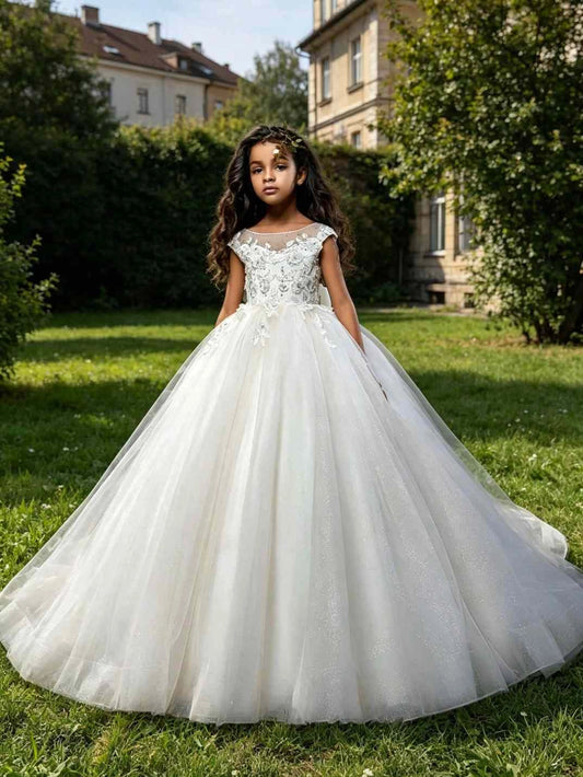 Elegant Ball?Gown Illusion Neck Cap?Sleeve Keyhole?Back Train First?Communion Dress