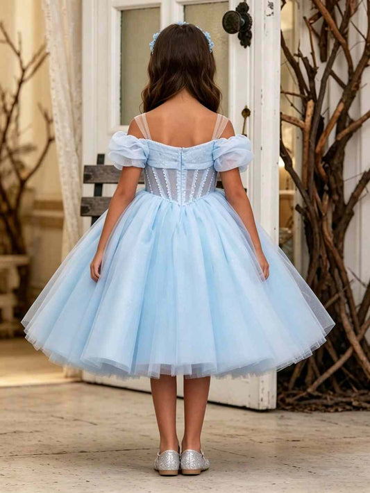 Soft Blue Ballgown Off Shoulder Puff Sleeve Corset Back Midi Flower Girl Dress