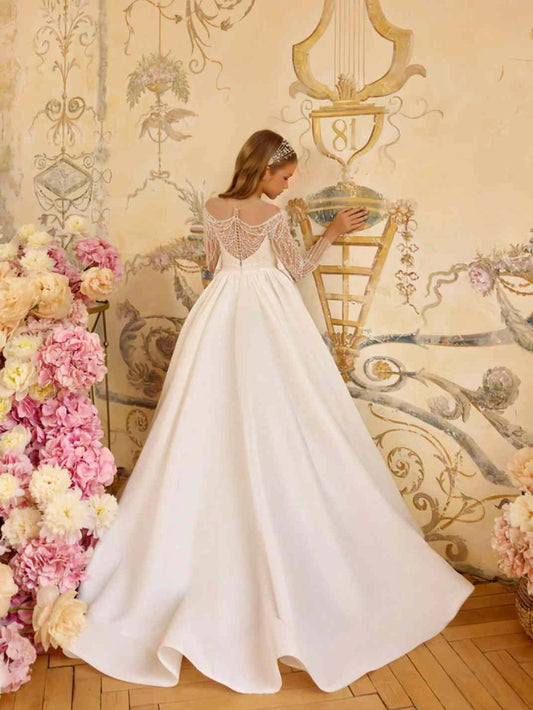 Luxury A Line Off Shoulder Long Sleeve Lace Back Train First Communion Dress