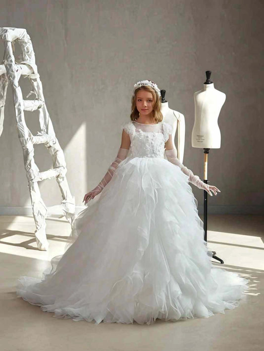 Elegant Ball Gown Illusion Neck Cap Sleeve Sheer Lace Back Train First Communion Dress
