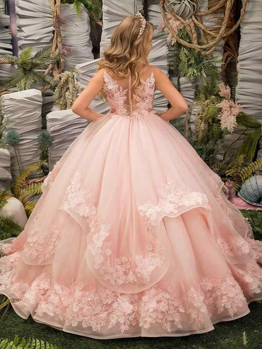 Blush Pink Ball Gown Round Neck Sleeveless Sheer Lace Back Floor Length Flower Girl Wedding Dress