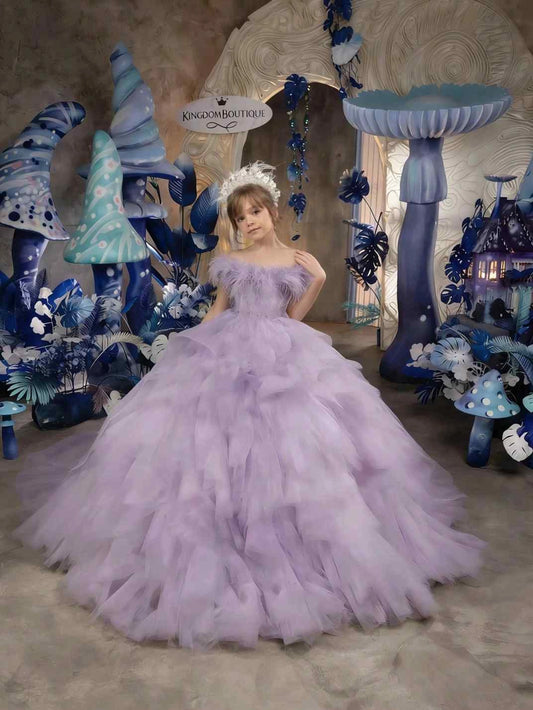 Luxury Ballgown Off?Shoulder Feather Short Sleeve Lace?Up Back Train Pageant Gown