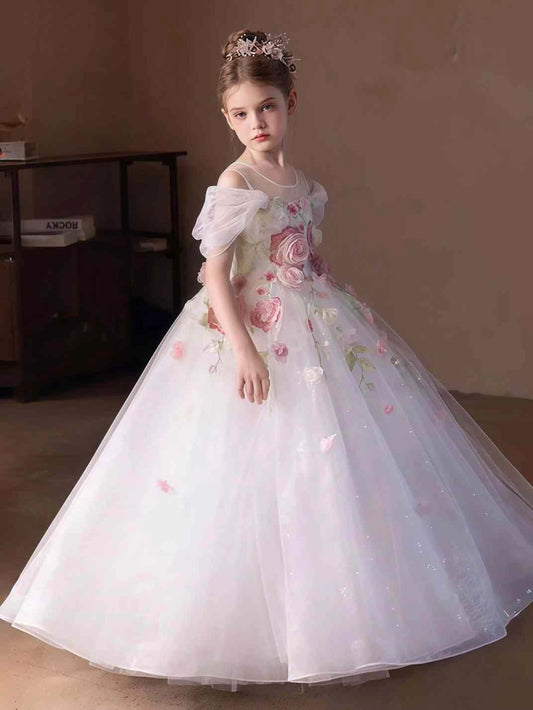 Romantic Ball?Gown Illusion Neck Off?Shoulder Open?Back Floor?Length Flower Girl Dress