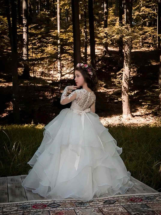 Elegant Ball Gown Bateau Neck Long Sleeve Sheer Lace Back Floor Length Flower Girl Dress