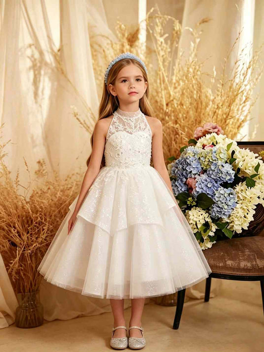 Elegant A-line Halter Sleeveless Lace Back Zipper Midi Girl Formal Dress