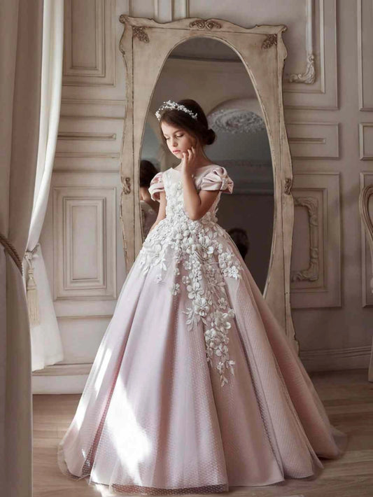 Blush A?Line Round Neck Puff Sleeve V?Back Train Flower Girl Dress