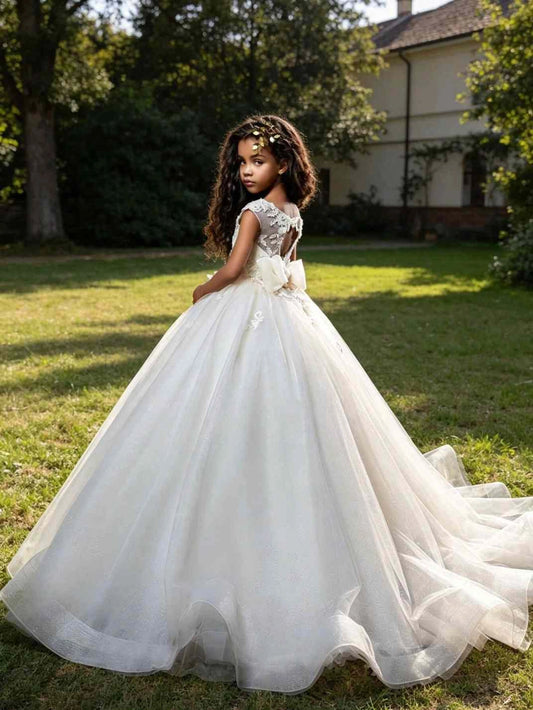 Elegant Ball?Gown Illusion Neck Cap?Sleeve Keyhole?Back Train First?Communion Dress