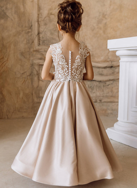 Luxury A?Line Round Neck Sleeveless Lace Back Floor?Length Flower Girl dress