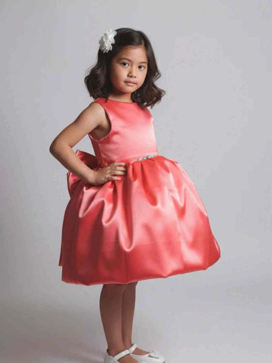 Coral Satin A?Line Round Neck Sleeveless Bow Back Knee?Length Flower Girl Dress