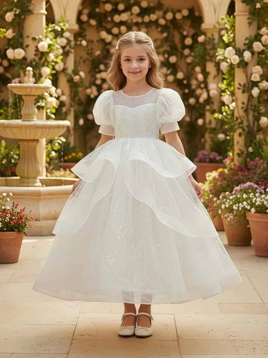 Elegant Ball Gown Round Neck Puff Short Sleeve Zipper Back Maxi Flower Girl Dress