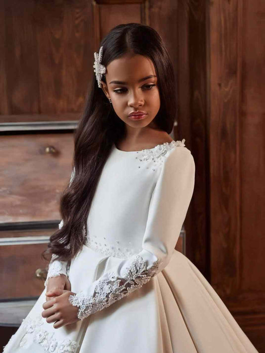 Luxury Ballgown Round Neck Long Sleeve Lace Back Train First Communion Dress