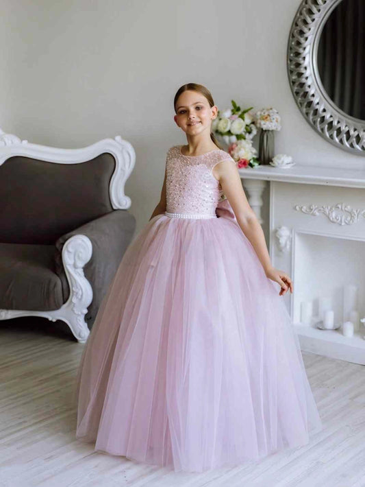 Sparkly Ball?Gown Round Neck Sleeveless V?Back Floor?Length Girls Formal Dress