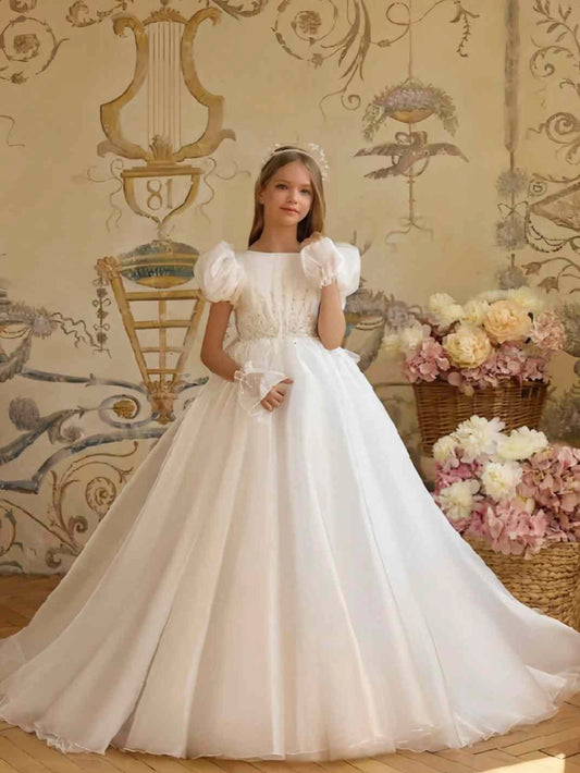 Elegant A?Line Square Neck Puff Short Sleeve V?Back Train First Communion Dress
