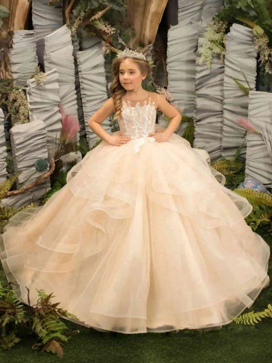 Champagne Ball Gown Illusion Neck Sleeveless Illusion Back Floor Flower Girl Dresses