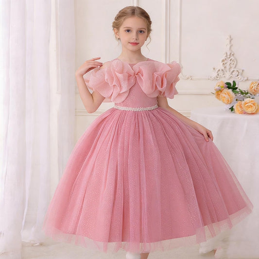Elegant A-Line Illusion Neck Ruffle Sleeve Bow Back Tea-Length Flower Girl Dresses