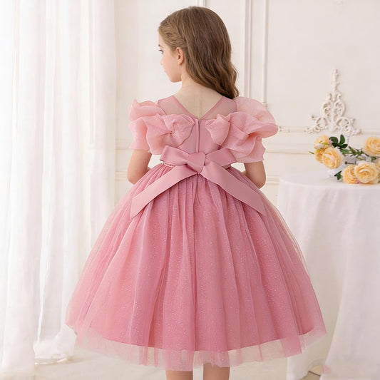 Elegant A-Line Illusion Neck Ruffle Sleeve Bow Back Tea-Length Flower Girl Dresses