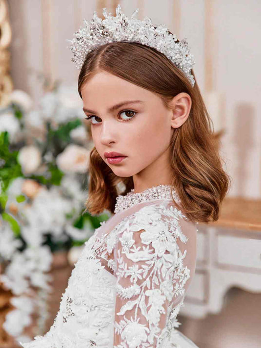 Luxury Ball Gown High Neck Long Sleeve Illusion Zipper Back Train Length Flower Girl Dress