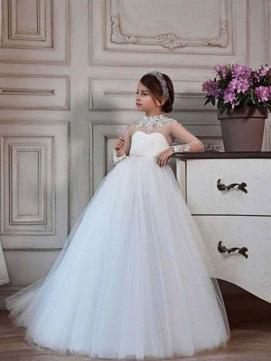 Luxury Ballgown High Neck Illusion Long Sleeve Lace Open Back Floor Length Girl First Communion Dress