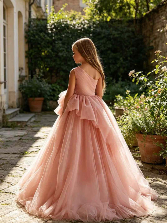 Blush A-line One Shoulder Sleeveless Open Back Floor Length Flower Girl Dress >