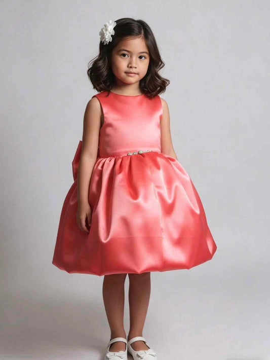 Coral Satin A?Line Round Neck Sleeveless Bow Back Knee?Length Flower Girl Dress