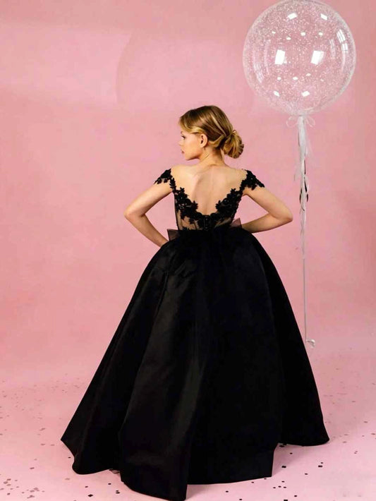 Black Ballgown Off Shoulder Short Sleeve V Back Long Pageant Dress