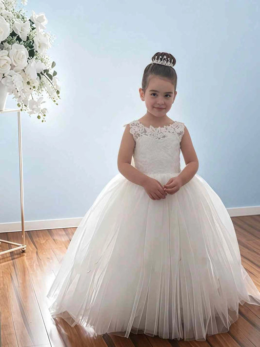 Elegant Ball Gown Bateau Neck Sleeveless Illusion Back Floor?Length First Communion Dress