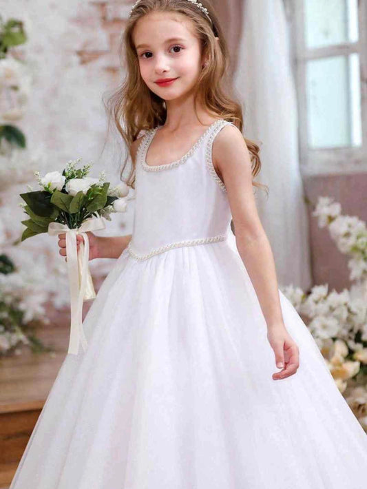 Sparkly A Line Square Neck Sleeveless U Back Long Flower Girl Dress
