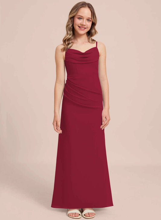 Elegant Sheath Cowl Neck Spaghetti Strap Tie Back Maxi Junior Bridesmaid Dress