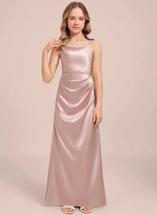 Satin Sheath Square Neck Sleeveless Cutout Back Maxi Junior Bridesmaid Dress