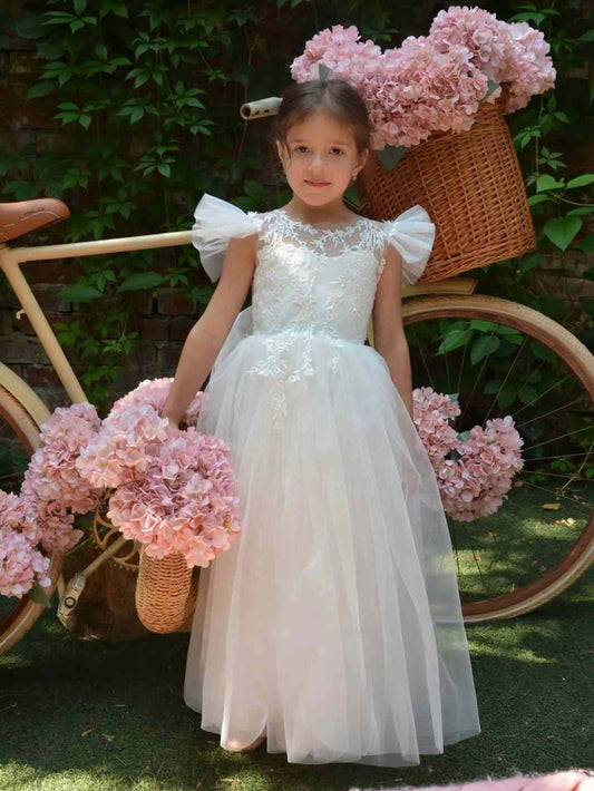 Elegant A Line Illusion Neck Flutter Sleeve Open Back Long Flower Girl Dress