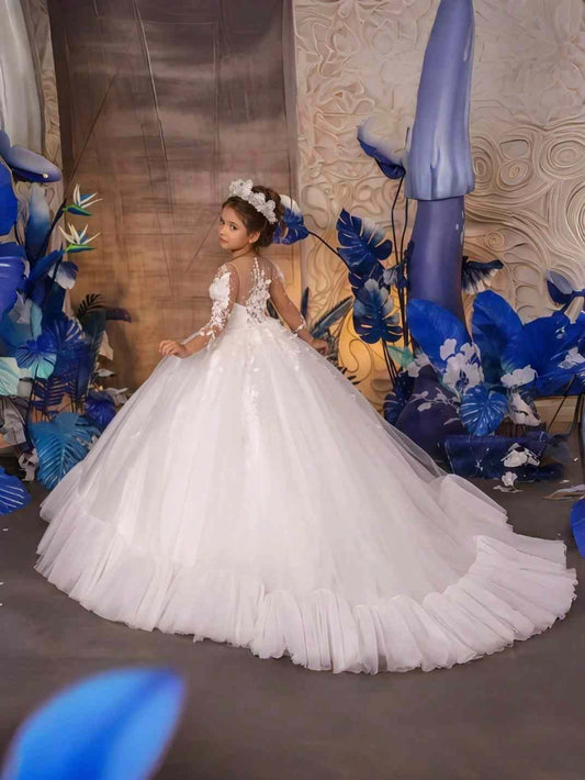 Luxury Ball Gown Square Neck Long Sleeve Illusion Back Train First Communion Dress