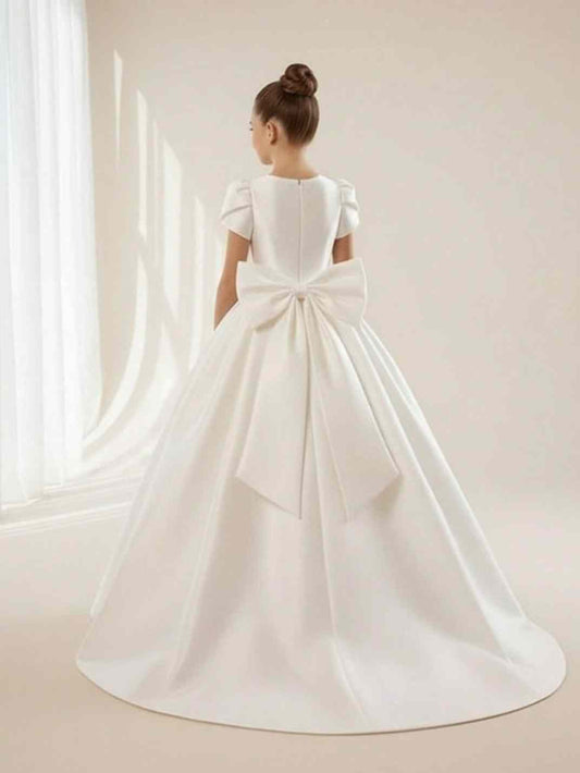 Luxury A-line Round Neck Puff Short Sleeve Big Bow Back Train Flower Girl Dress