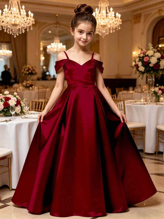 Luxury A-Line Off Shoulder V Neck Open Back Bow Long Flower Girl Dress