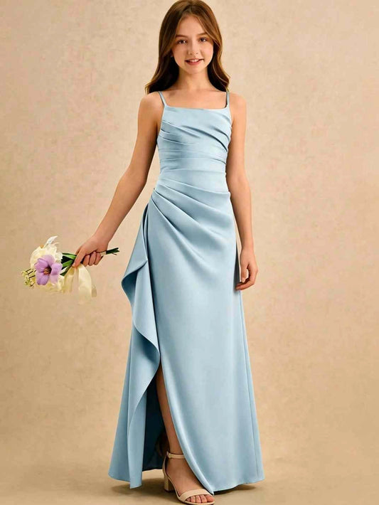Elegant Sheath Square Neck Spaghetti Straps Open Back Floor Length Junior Bridesmaid Dress