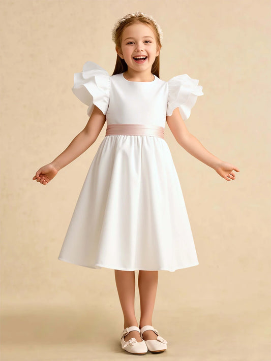 Heowos white flower girl dress with flutter sleeves and pink waist sash