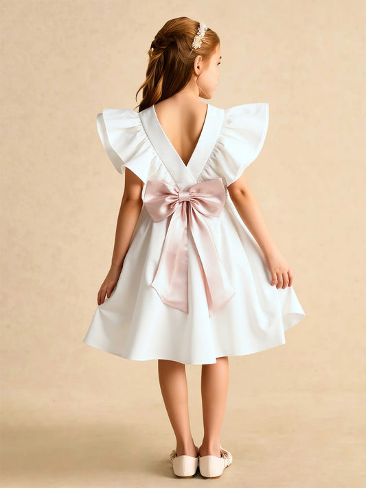 Elegant A-Line Round Neck Flutter Sleeve V-Back Bow-Back Knee-Length Flower Girl Dress