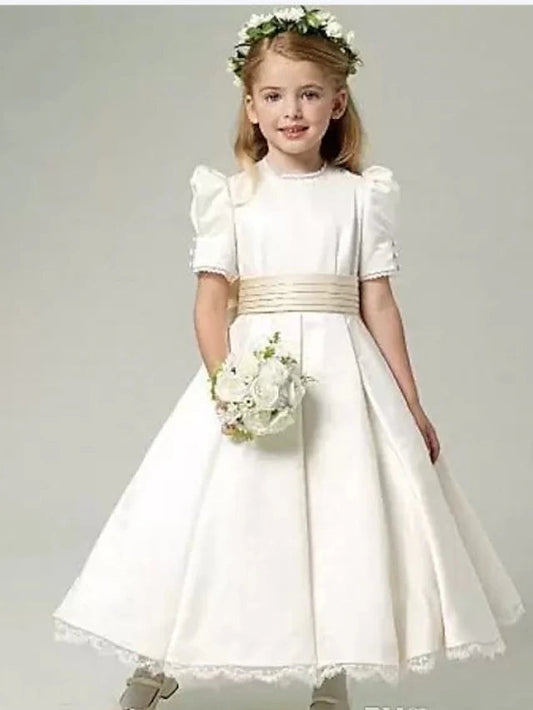 A-Line High Neck Puff Sleeve Flower Girl Dress Bow Back Ankle Length Ceremony First Communion Girls