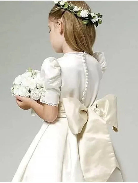 A-Line High Neck Puff Sleeve Flower Girl Dress Bow Back Ankle Length Ceremony First Communion Girls